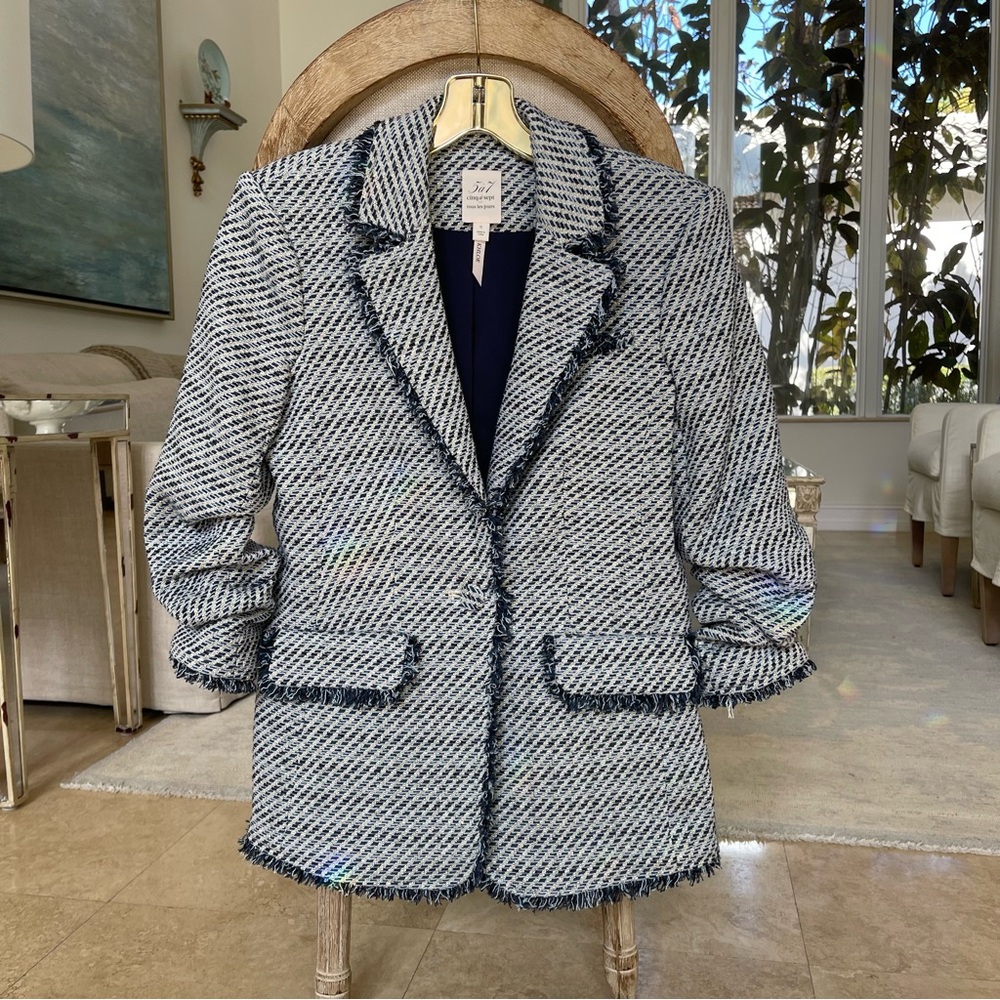 Cinq a Sept Noemi Khloe Fringe Bouclé Blazer Jacket In Navy Multi